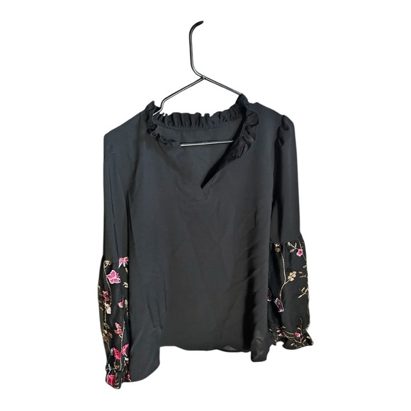SHEIN Tops - SHEIN Black Ruffled Long Sleeve Blouse with Embellishments
